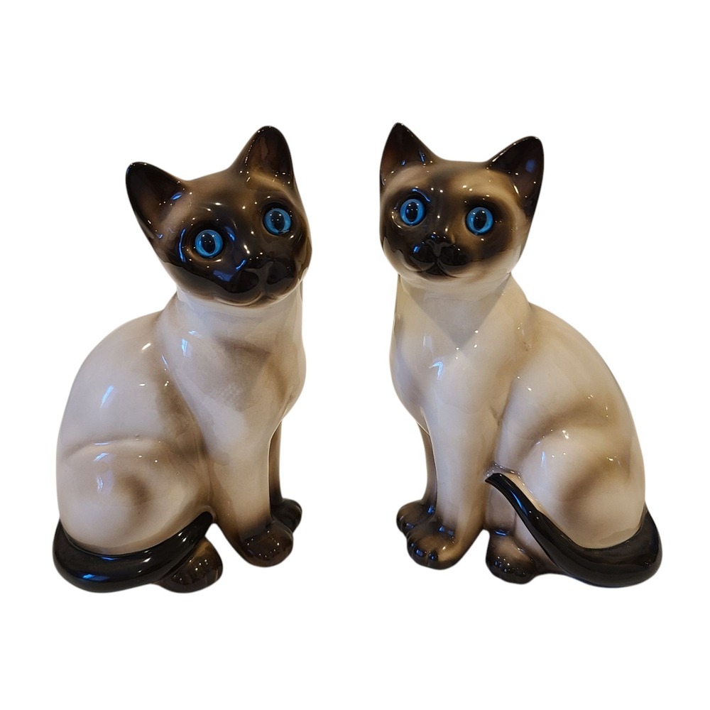 Vtg Pair of Vintage Enesco Ceramic Siamese Cat Figures 6 3/4" Kittens kitsch